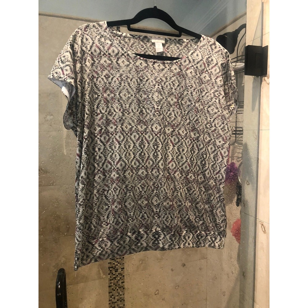 Crystal Embellished Top Large Blouse Tee L Chicos sz 2 Boxy Shape New